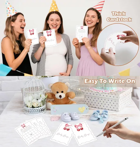 Miniatura 3 de Cherry Baby Shower - Juego de bingo para 30 invitados con tarjetas de juego, revelación de género, suministros y decoraciones para baby shower (DV35)