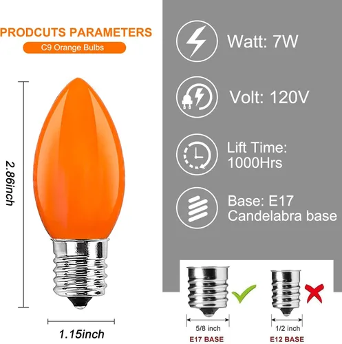 Miniatura 2 de Abeja Paquete de 25 Bombillas de Repuesto C9 para Halloween, Luces de Navidad de Cerámica Naranja para Halloween Patio Exterior Interior Luces