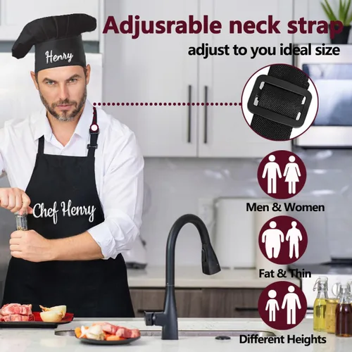 Miniatura 4 de Ulico Delantal de chef personalizado con nombre bordado, delantales personalizados para hombres y mujeres, delantal personalizado, sombrero