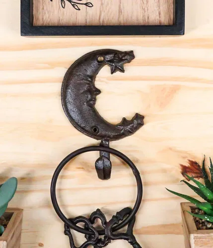 Miniatura 5 de Ebros Gift Paquete de 3 ganchos de pared rústicos de hierro fundido, óxido antiguo, cielos celestiales, cara dormida, media luna con estrellas