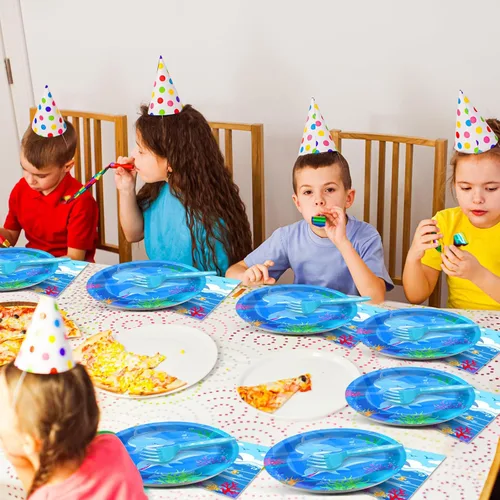 Miniatura 7 de Juego de 96 piezas de suministros para fiesta de delfín, platos de delfín, servilletas, tenedores, papel desechable, para postres, pasteles, vajilla