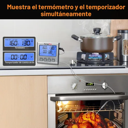 Miniatura 6 de Termómetro digital ThermoPro TP17 de doble sonda para cocinar carne, gran pantalla retroiluminada LCD, termómetro con temporizador para ahumador