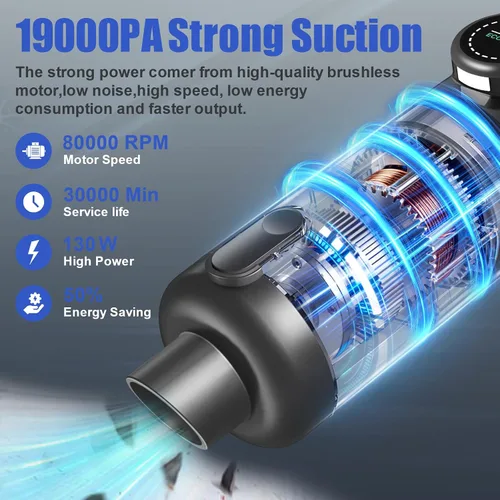 Miniatura 2 de Aspiradora de coche portátil sin cable 19000 Pa 4 en 1 aspiradora de mano inalámbrica sin escobillas motor con luz LED y boquillas múltiples