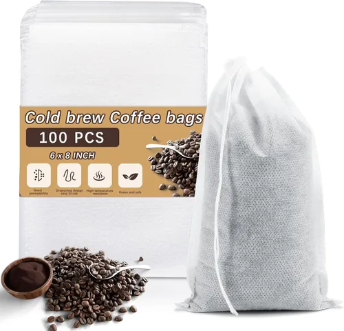 100 bolsas de café frío de 6 x 8 pulgadas, bolsas de filtro de café desechables sin ensuciar con cordón, bolsa de té vacía grande para té de hojas 6