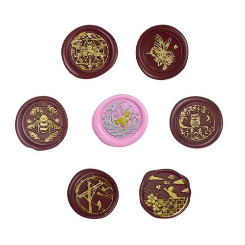 Miniatura 2 de Juego de sellos de cera de animales con 7 cabezas de latón extraíbles y 1 mango de madera, sello de cera retro para gatos, pájaros, mariposa, abeja