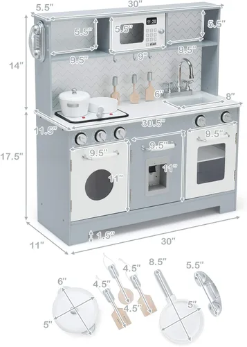 Miniatura 6 de Costzon Juego de Cocina para Niños, Set de Juego de Cocina de Madera de Simulación con Estufa, Refrigerador, Microondas, Fregadero Removible