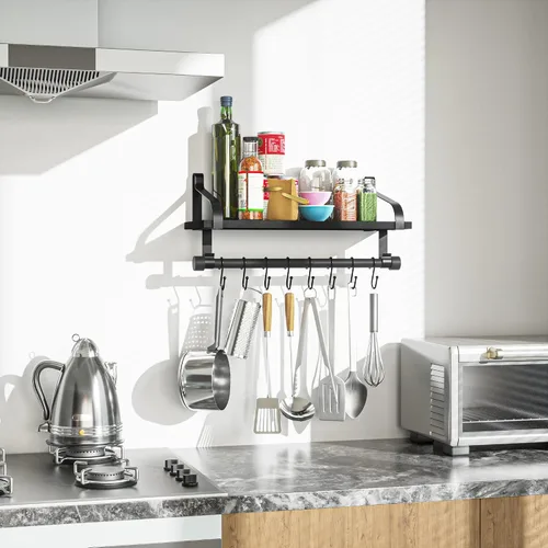 Miniatura 4 de Love-KANKEI Estantería flotante de pared de madera rústica para almacenamiento, estante de especias de cocina con barra para toallas y 8 ganchos