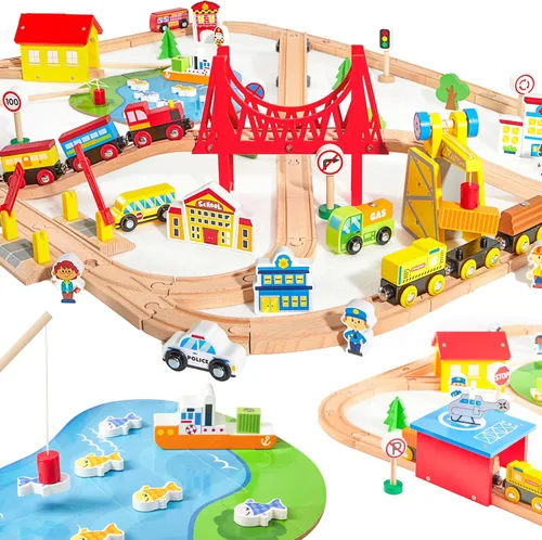 Miniatura 3 de Juego de tren de madera de 12 piezas y 110 piezas para niños de 2 a 8 años, tren magnético de la ciudad y Montessori, compatible con pistas