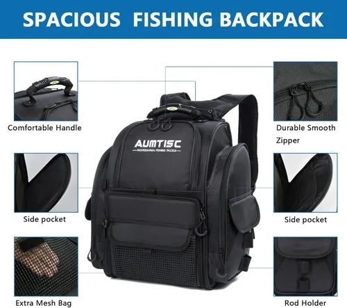 Miniatura 3 de AUMTISC Mochila para aparejos de pesca para hombres con 4 cajas de aparejos, 2 soportes para cañas, cubierta para lluvia, bolsas de equipo de pesca