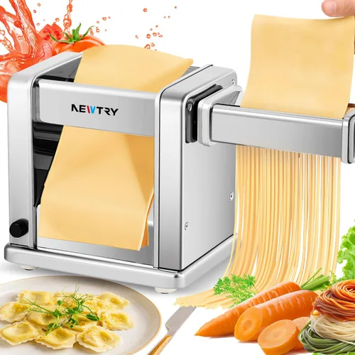 NEWTRY Máquina eléctrica para hacer pasta familiar, máquina para hacer fideos, rodillo de masa, cortador de prensa con 3 accesorios de cuchilla,