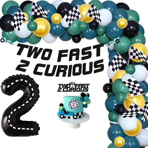 Two Fast Two Curious - Decoraciones de cumpleaños, suministros de fiesta de coche de carreras, kit de arco de guirnalda de globos Let's Go Racing,