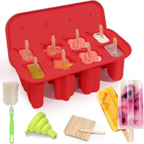 Miniatura 9 de Moldes de paletas de silicona, 8 cavidades con 50 palitos, molde para hacer paletas de hielo sin BPA con embudo y cepillo de limpieza para niños