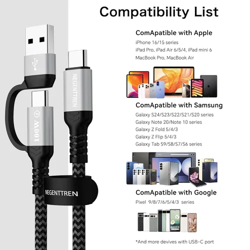 Miniatura 6 de Cable USB C a C 2 en 1 de 100 W (6 pies, paquete de 2), cable de carga rápida 5A tipo A a C, cable de carga USB C trenzado de nailon para iPhone 16