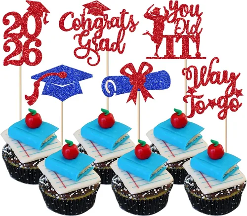 Miniatura 63 de Paquete de 24 adornos para cupcakes de clase 2025 con purpurina 2025 para diploma de graduación 2025 para cupcakes temáticos de graduación 2025