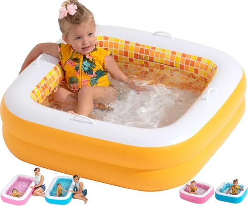 Piscina para bebés y niños pequeños con piso acolchado, asas y drenaje, piscina inflable pequeña cuadrada portátil de 34"x10" con baño de seguridad