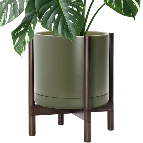Miniatura 27 de D'vine Dev Maceta de cerámica con soporte de ébano – Maceta redonda moderna de 8 pulgadas con soporte para maceta de madera, color negro, 55-B-M-2