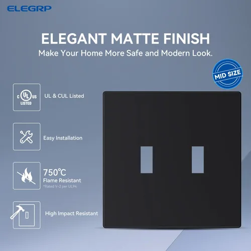 Miniatura 2 de ELEGRP Placas de pared de palanca de 2 segmentos sin tornillos, cubierta frontal termoplástica irrompible de tamaño mediano para interruptor de Mate