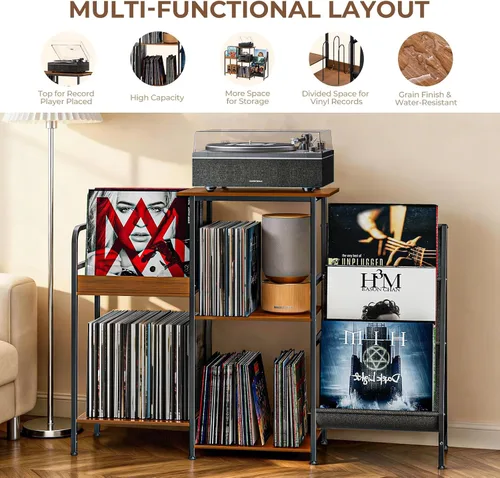 Miniatura 4 de Qlearsoul Soporte para discos de vinilo, mesa para tocadiscos de 3 niveles con almacenamiento izquierdo y derecho para sala de estar y dormitorio