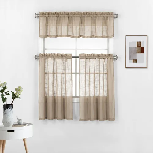 Juego de 3 piezas de cortinas de ventana de cocina de lino semitransparentes con niveles y cenefa, color taupe. Gris pardo