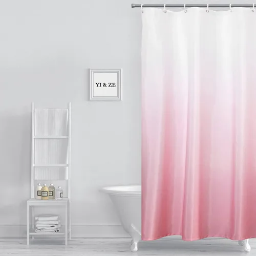 YI & ZE Juego de cortinas de ducha color rosa degradado para accesorios de baño, tela de poliéster, impermeable, moderna, con 12 ganchos, color