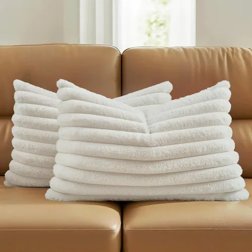 Miniatura 67 de FUTEI - Juego de 2 fundas de almohada decorativas con rayas, cuadradas, para invierno, piel sintética de conejo suave y acogedora y respaldo
