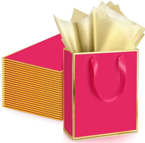 Miniatura 29 de Yeaqee Paquete de 24 bolsas de regalo de papel metálico con asa y papel de seda de 9 x 7 x 3.1 pulgadas, bolsas de favor de bienvenida con papel