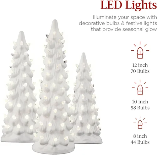 Miniatura 3 de Best Choice Products Juego de 3 árboles de Navidad de cerámica, decoración navideña de mesa pintada a mano con bombillas blancas cálidas, luces LED