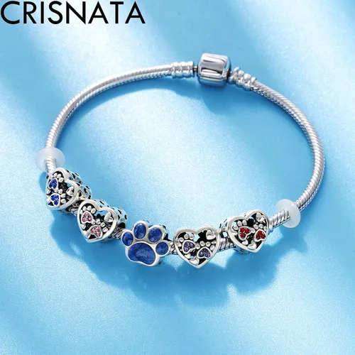 Miniatura 4 de Dijes con estampado de patas de cachorro con cristal Brithstone, plata de ley 925, cuentas de corazón con estampado de patas, se adapta a collar