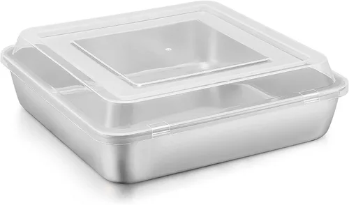 E-far Bandeja para hornear de 9 x 9 pulgadas con tapa, moldes cuadrados de acero inoxidable para hornear, no tóxicos y saludables, fáciles de