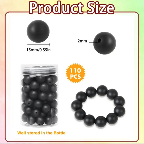 Miniatura 2 de EVERMARKET - 110 cuentas focales de silicona, cuentas de silicona de 0.59 pulgadas para hacer llaveros, cuentas redondas de silicona a granel