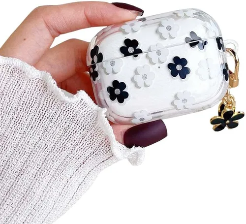 Funda protectora para AirPods Pro de 1ª generación con llavero, bonita funda protectora para auriculares con flores negras y flores, TPU suave y