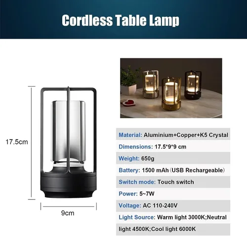 Miniatura 3 de Lámpara de cristal, lámpara de mesa, lámpara de farol de cristal, 3 colores, luces LED inalámbricas recargables para luces de restaurante, plateado
