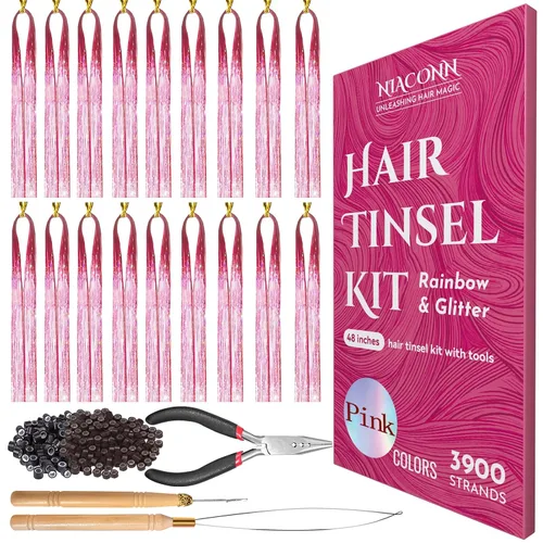 Miniatura 13 de NIACONN Kit de extensiones de oropel con purpurina de 18 colores con herramientas y cuentas, 48 pulgadas, mechones de tracción brillantes de hadas