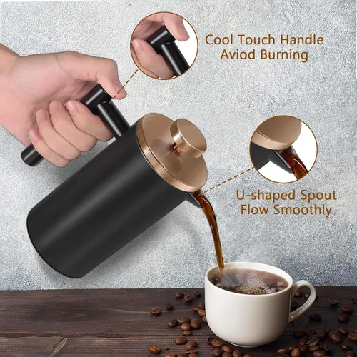 Miniatura 4 de Cafetera de Prensa Francesa de Acero Inoxidable Negro, Prensa Francesa Aislada de Doble Pared, para Café y Té, con 3 Pantallas Extra y una Cuchara