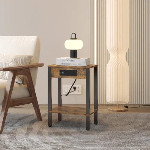 Miniatura 7 de Mesa auxiliar con estación de carga, mesita de noche de 2 niveles con estante de almacenamiento, mesa auxiliar moderna, mesita de noche para espacio