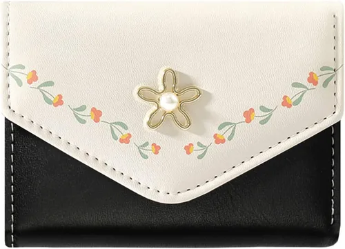 Cartera de piel sintética para mujer y niña, con diseño de flores, de tres pliegues, delgada, pequeña, con tarjetero para dinero en efectivo, Negro