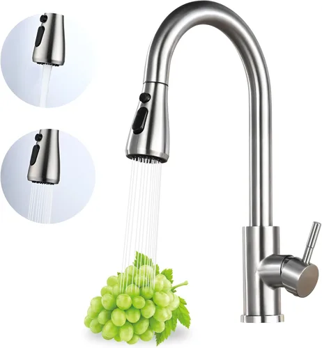 Grifo de cocina con rociador extraíble, grifo de níquel cepillado de arco alto, de una sola manija, de acero inoxidable, 3 modos