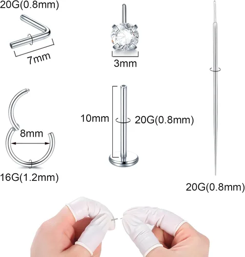 Miniatura 3 de Xpircn Anillo de labio de acero inoxidable con circonita cúbica, 20G, 18G, 16G, sin rosca, piercing para labio, nariz, hélix, tragus, cartílago