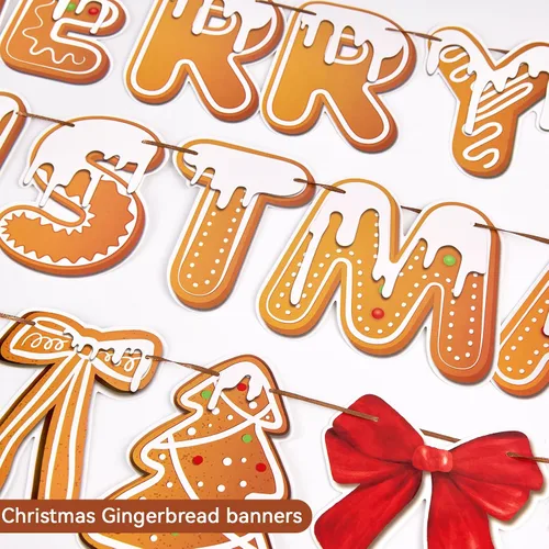 Miniatura 3 de Pancartas de Feliz Navidad, tema de pan de jengibre, decoración de fiesta navideña preencordada con 20 espirales colgantes para el hogar, la oficina