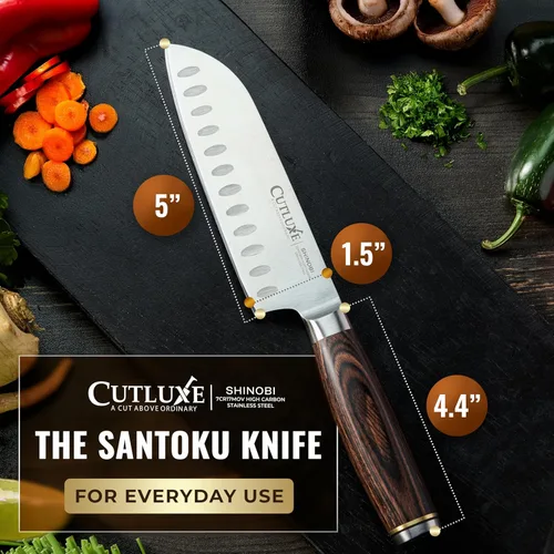 Miniatura 6 de Cuchillo Santoku – Cuchillo japonés ultra afilado de 5 pulgadas para carne y verduras para picar, hoja de acero inoxidable de alto carbono, mango