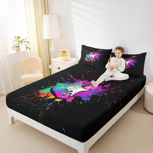 Miniatura 21 de Erosebridal Juego de sábanas de tamaño individual con temática musical, con estampado de notas musicales, juego de cama ajustable en blanco y negro