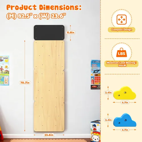 Miniatura 6 de Pared de escalada de madera, paneles de pared de escalada para niños con 12 soportes de roca, juguete de escalada Montessori para sala