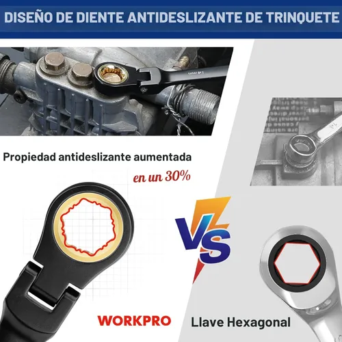 Miniatura 4 de WORKPRO Juego de llaves de trinquete de 22 piezas con cabezal flexible de 180°, diente antideslizante, juegos de llaves combinadas con caja