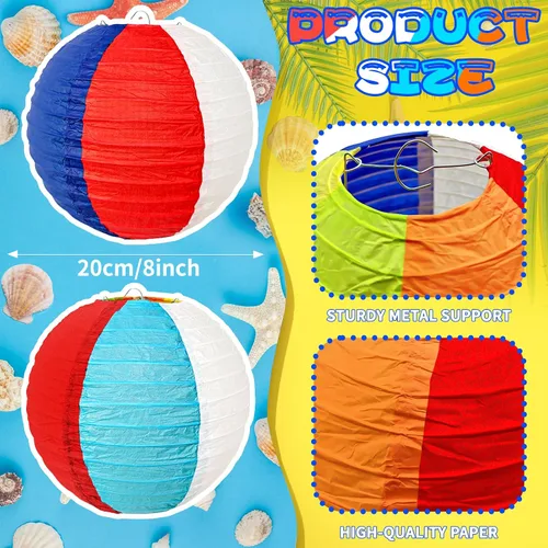 Miniatura 5 de Paquete de 12 linternas de papel de bola de playa de 8 pulgadas, decoraciones de aula de verano y decoración colgante de fiesta en la piscina, Luau