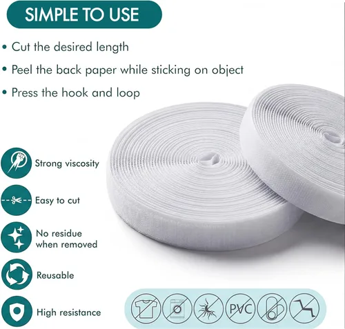 Miniatura 6 de Tiras blancas de velcro (26 pies x 0.75 pulgadas) con adhesivo, doble rollo de cinta autoadhesiva resistente con respaldo, cinta autoadhesiva