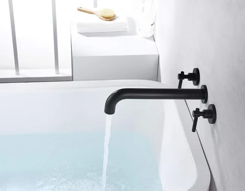 Miniatura 5 de Llenador de Bañera de Montaje en Pared Negro Mate Grifo de Bañera de Alto Flujo Dos Manijas Latón Sólido, Alcance de Caño Largo, sumerain
