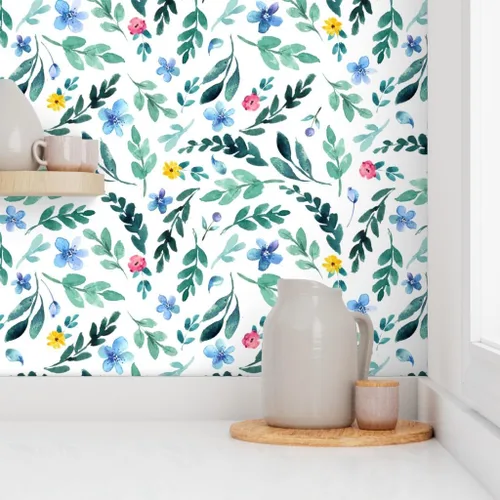 Miniatura 8 de Spoonflower Muestra de papel tapiz extraíble - Flor jardín acuarela florece azul amarillo rosa delicado botánico personalizado pre-pegado papel