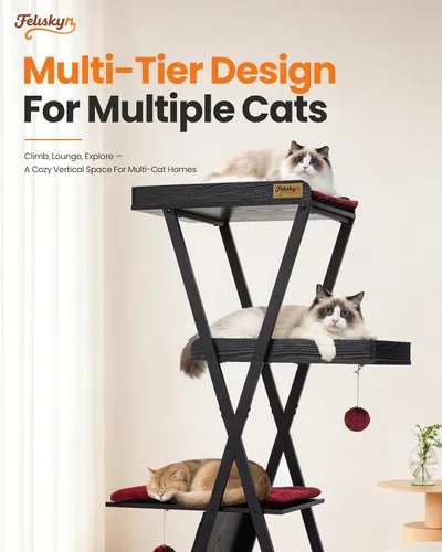 Miniatura 3 de Moderno árbol de madera para gatos de interior grande y adulto, 67 pulgadas de alto, varios niveles, resistente, condominio, muebles con cuevas