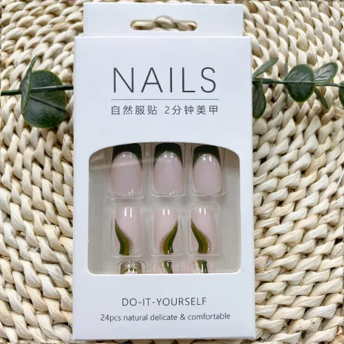 Miniatura 2 de Uñas postizas verdes a presión - Uñas falsas cortas cuadradas con purpurina dorada y diseños de remolino, acabado brillante, uñas postizas acrílicas