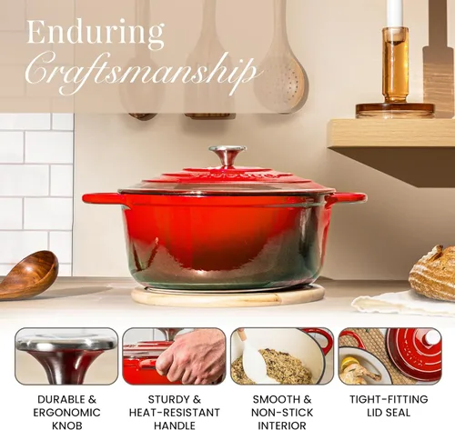 Miniatura 7 de Nuovva Olla Holandesa de Hierro Fundido Esmaltado con Tapa – Cazuela Antiadherente de 6.4 Cuartos – Resistente y Apta para Horno hasta 500°F